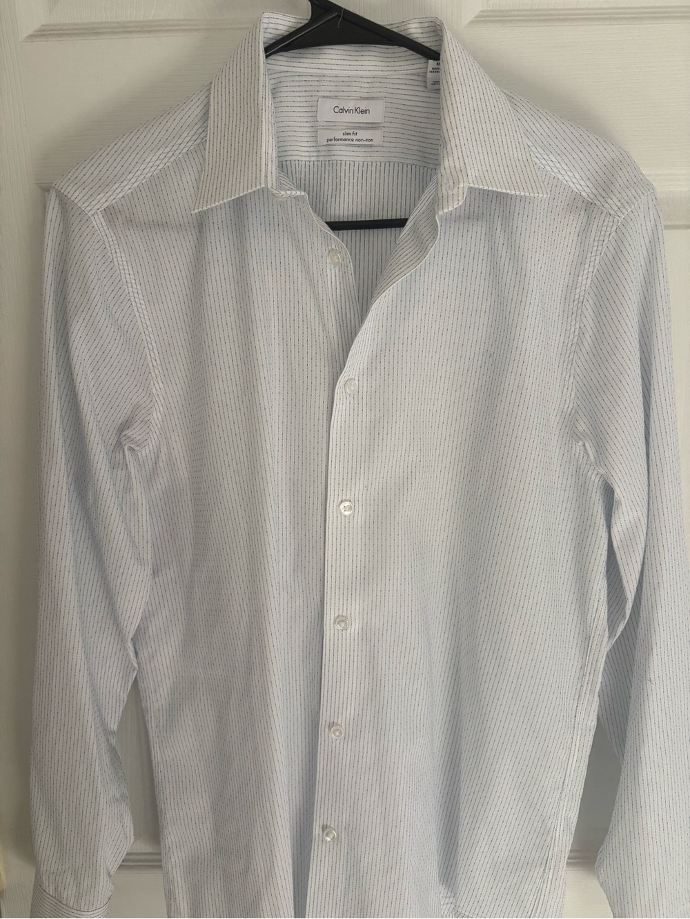 Calvin Klein Men's White Dress Shirt with Subtle Blue Pinstripes